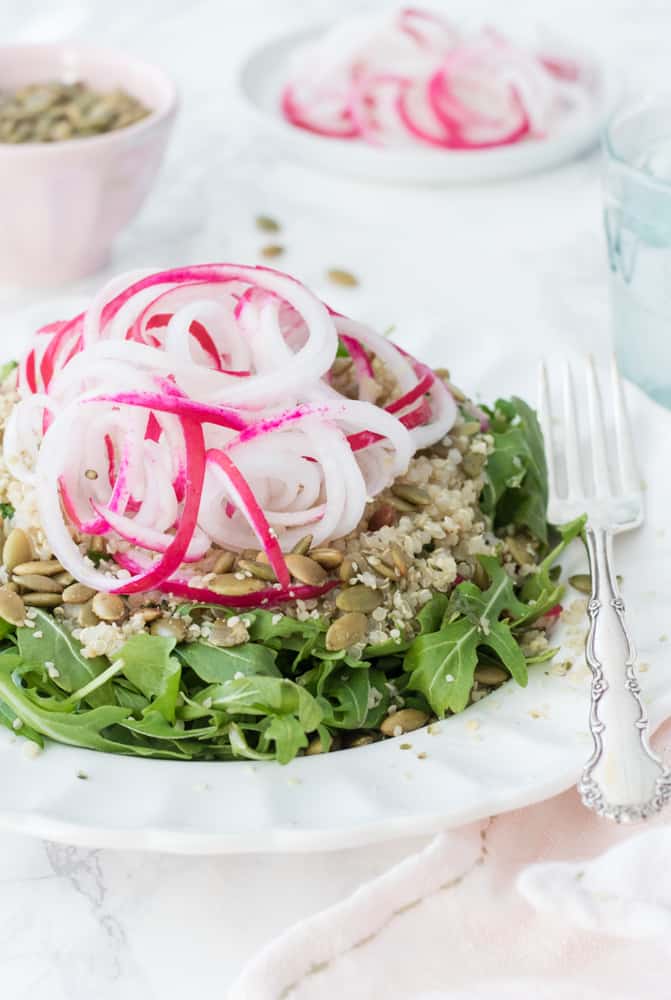 Image for Spiralized Radish and Arugula Salad with Quinoa, Hemp Seeds and Pepita Seeds