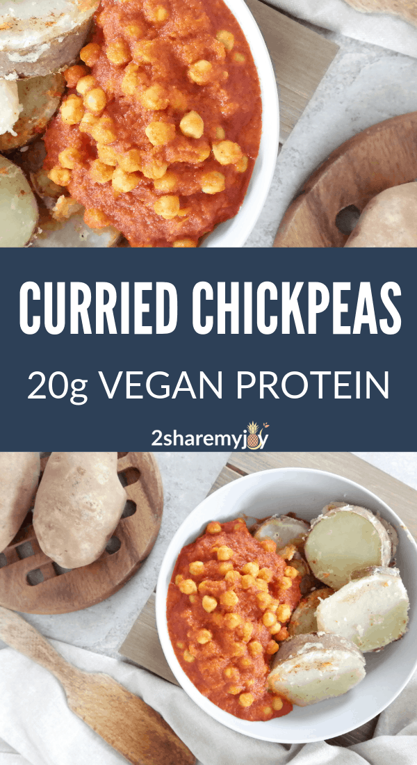 healthy curried chickpea recipe high in plant based protein. 20 grams of vegan protein per serving.