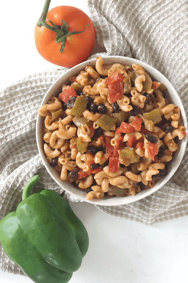 healthy vegan recipe on a budget. taco elbow pasta for an easy one pot meal