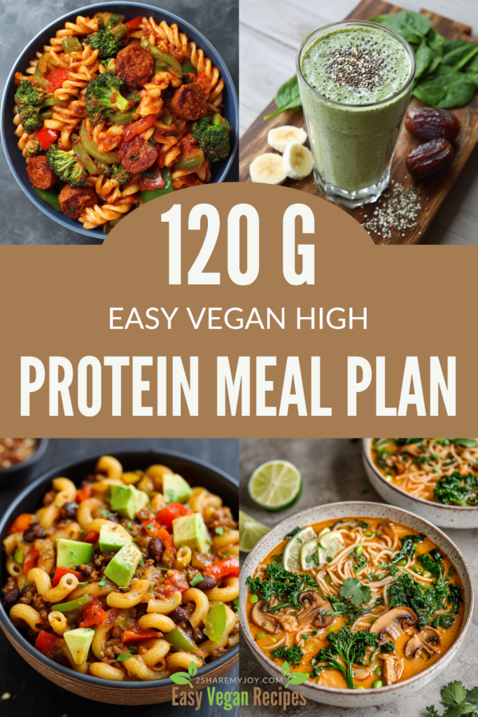 Get this 6-day high protein vegan meal plan with 120g protein per day — no protein powder needed! Includes breakfast, lunch, and dinner recipes with meal prep + shopping list. Perfect for building lean muscle or staying full all day on a plant-based diet. 🥦🍝 Save this vegan meal prep plan for later!