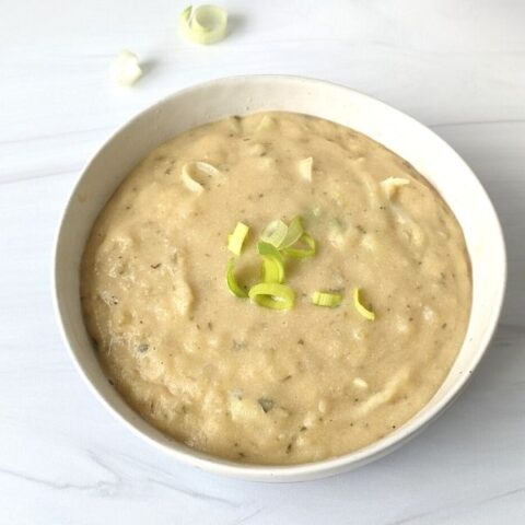 Healthy potato and leek soup without cream. All whole food plant based vegan ingredients and easy to make.