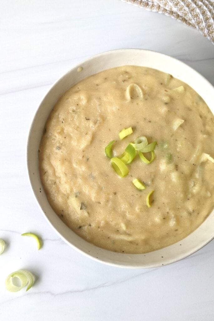 Healthy potato and leek soup without cream. All whole food plant based vegan ingredients and easy to make.