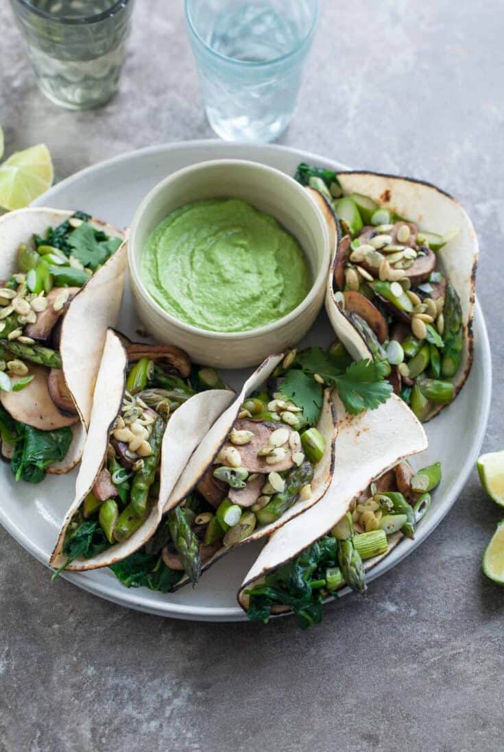 Image for Mushroom Asparagus Tacos with Jalapeno Cashew Crema (Paleo, Vegan)