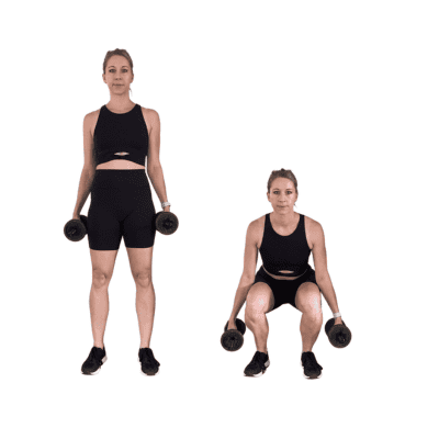 With this squat variation, your arms hang to the side. This is an easy variation and great for beginners.