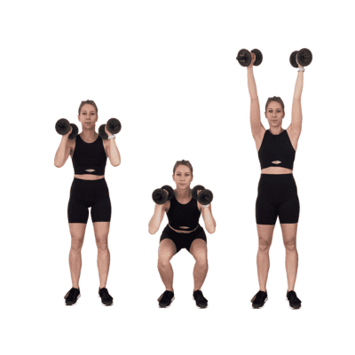 This squat variation is similar to the front dumbbell squat, but you are pressing the dumbbells up in the standing position. This makes it a full-body exercise and targets more muscle groups. It is a great choice if you need to burn more calories or want a quicker workout.