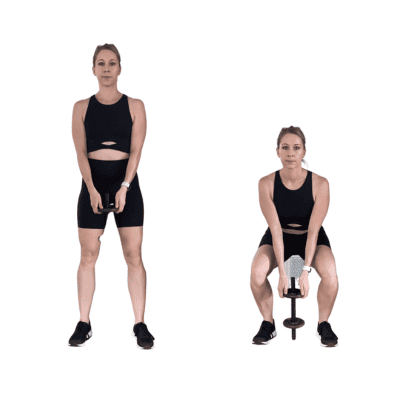 For this dumbbell squat, you will hold one or two dumbbells in front of your body but let them hang low. This variation changes the movement slightly, making it similar to a front row.