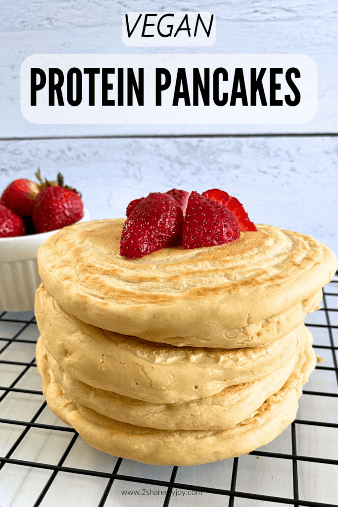 Easy vegan protein pancake recipe. Super fluffy high protein vegan treat with no egg, no dairy, no sugar, and low fat. Click through to get the full recipe.