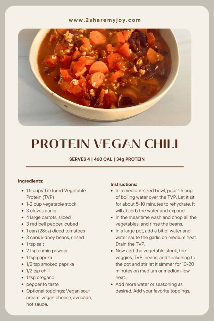 Best protein chili recipe with over 30g of plant based protein! Super quick and easy to preprare.