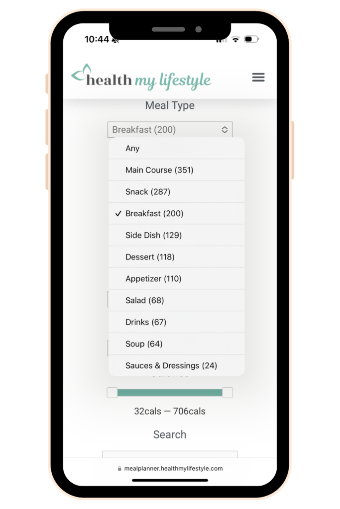 search options by course. meal planner plant based