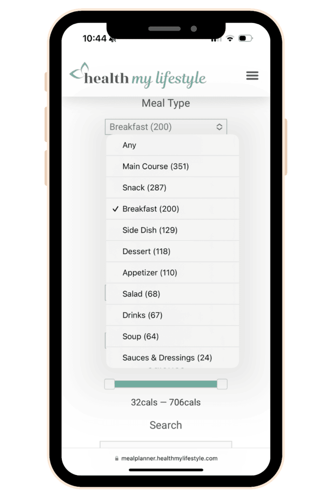 search options by course. meal planner plant based