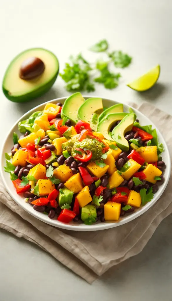 Mango Black Bean Salad 

A refreshing salad combining sweet mangoes, protein-rich black beans, crisp bell peppers, and creamy avocado, tossed in a tangy lime-cilantro dressing.