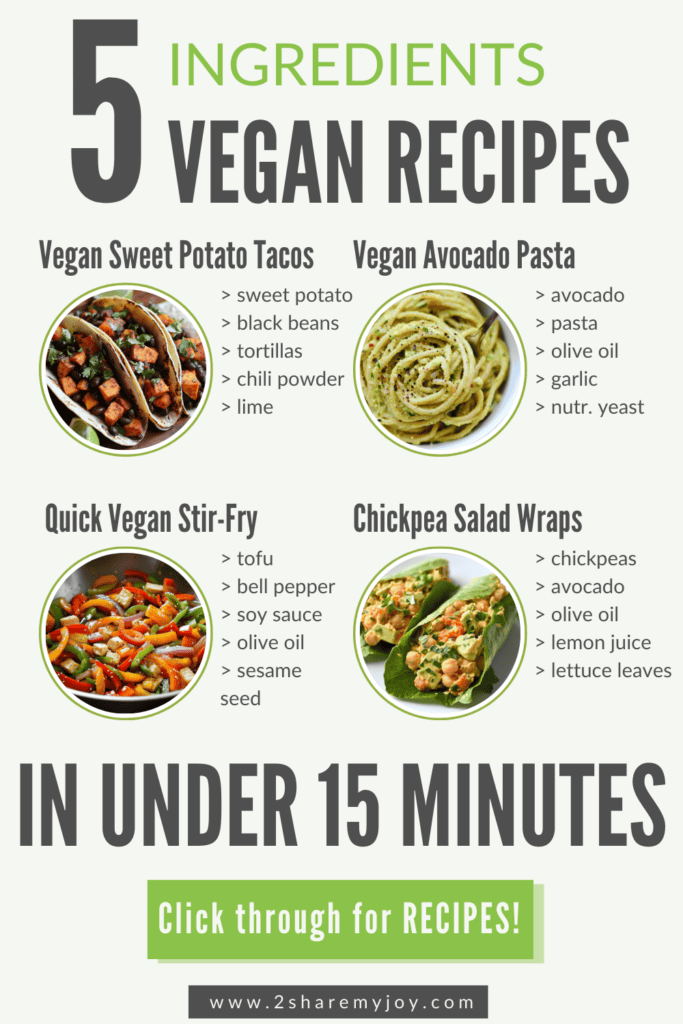 Easy Vegan Dinners in Under 15 Minutes!Looking for healthy, quick, and easy vegan recipes? These 5-ingredient meals are a lifesaver! 🥕🍽️ From creamy avocado pasta to flavorful sweet potato tacos, each meal is satisfying, nutritious, and ready fast! No need to stress over dinner again! 📌 Save this pin & follow for more easy plant-based meals!