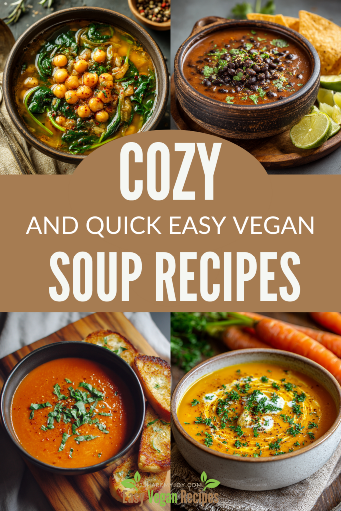 Craving something cozy and nourishing? These 5 quick vegan soups are packed with flavor and perfect for busy nights! From creamy coconut curry lentil to spicy tomato basil, each one is warm, filling, and made in 30 minutes or less. Pin now for easy weeknight dinners!