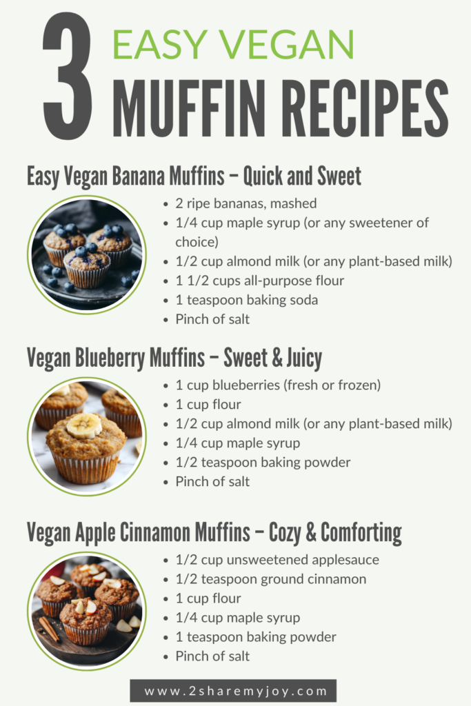 Craving a quick and delicious treat? Try these 3 easy vegan muffin recipes! Perfect for beginners, these banana, blueberry, and apple cinnamon muffins are simple to make and packed with flavor. A must-try for anyone looking for an easy dessert option! #VeganBaking #EasyDessert #BeginnerBaking