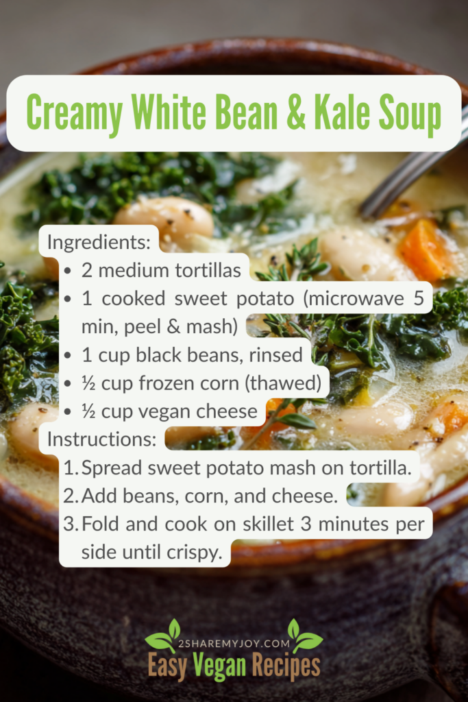 creamy white bean and kale soup done in 15 minutes and super easy to make. quick healthy fall recipes high in plant based protein.