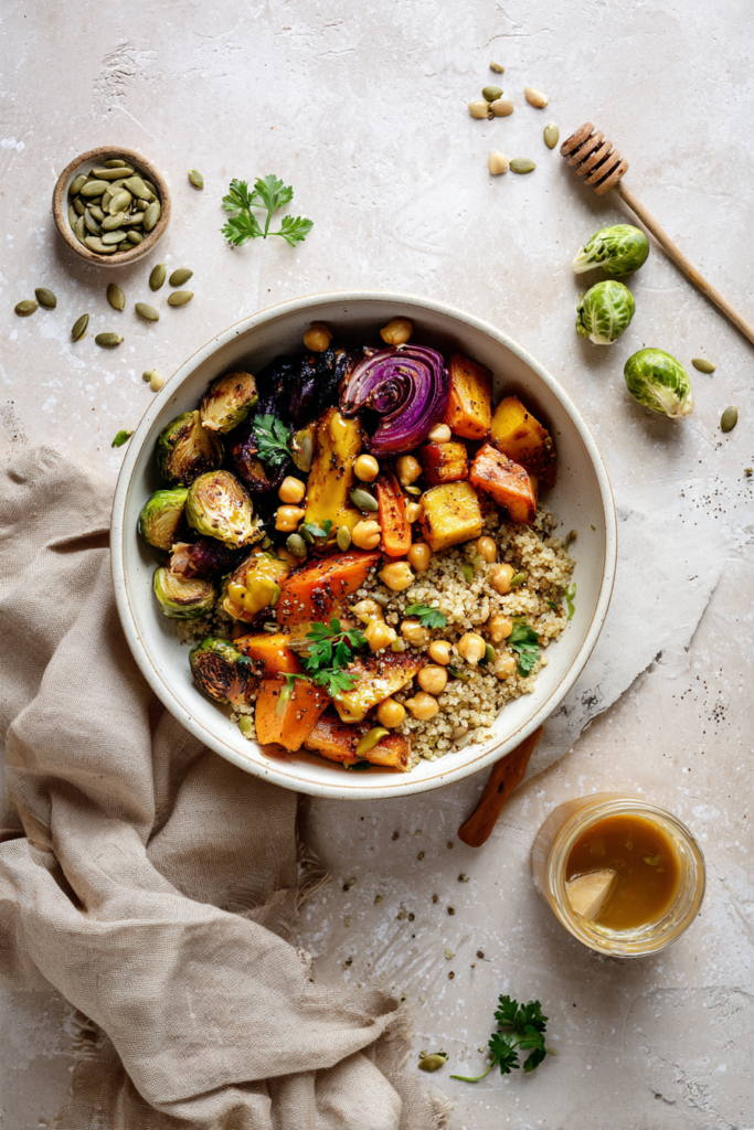 maple dijon roasted vegetable grain bowl