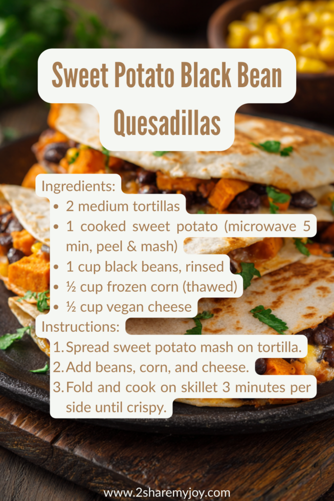 Sweet potato Black bean quesadillas, high in protein and vegan. Fall meal under 15 minutes.