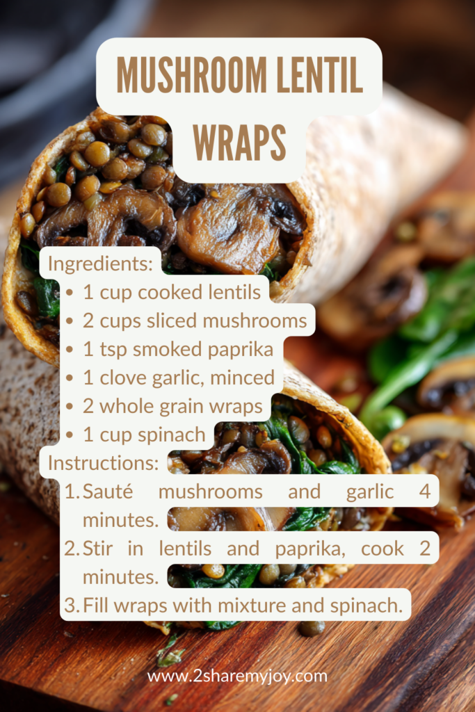 super quick mushroom lentil wraps. A quick and easy fall dinner or lunch recipe that is high in plant based protein.