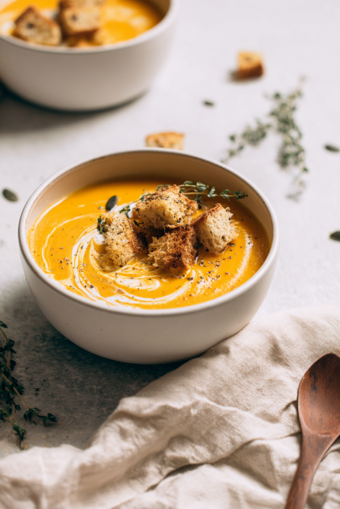 Creamy vegan butternut squash soup in a handmade white ceramic bowl topped with crispy sourdough croutons, pumpkin seeds, fresh thyme, and a swirl of coconut cream.