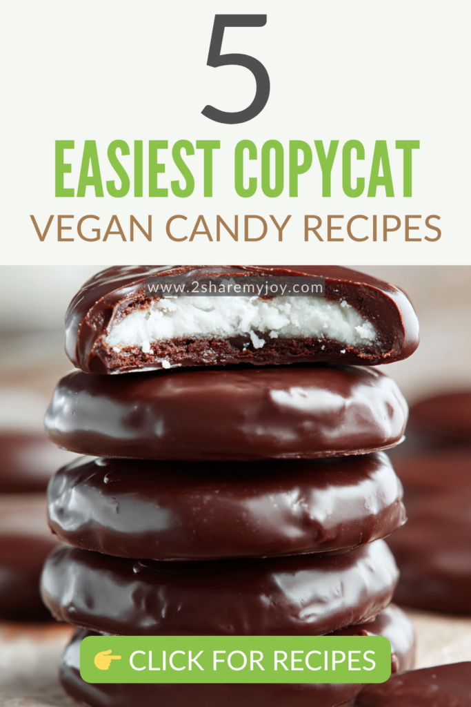 Skip the candy aisle and make your own vegan treats at home! 🌱🍬 This roundup includes 5 of the easiest copycat recipes: peanut butter cups, almond joys, crunch bars, peppermint patties, and caramel turtles. Each one is dairy-free, beginner-friendly, and ready in 30 minutes or less. Pin this now for the ultimate list of easy vegan candy recipes you’ll make on repeat.