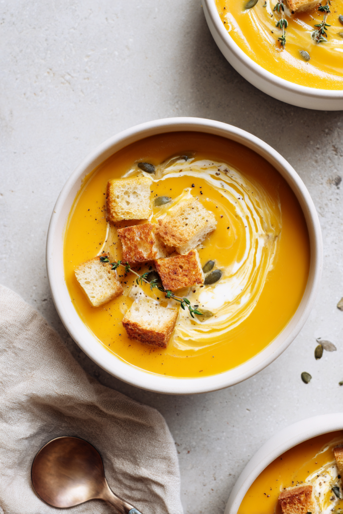 Overhead view of homemade vegan butternut squash soup garnished with golden croutons, pumpkin seeds, fresh thyme, and coconut cream.