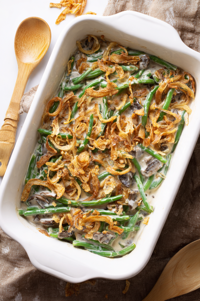 Easy vegan green bean casserole with mushrooms and crispy fried onions