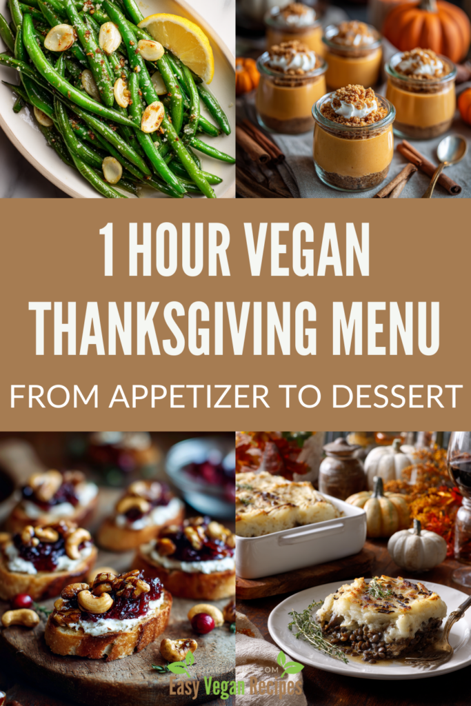 Want to host a Thanksgiving feast without the stress? This full vegan menu comes together in just 1 hour! Featuring savory shepherd’s pie, colorful veggie sides, festive cranberry crostini, and creamy pumpkin cups, it’s the ultimate easy vegan holiday meal. Fast, delicious, and perfect for impressing your guests while keeping the prep simple.
