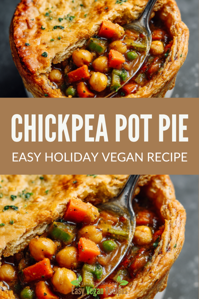 This golden, flaky Vegan Chickpea Pot Pie is the perfect cozy meal for your holiday table! Packed with chickpeas, mixed veggies, and a creamy thyme sauce under buttery puff pastry — it’s comfort food made simple. Whether you’re hosting a vegan Christmas dinner or want an easy plant-based holiday recipe, this pot pie is warm, hearty, and ready in 30 minutes. Save it for your holiday meal prep or weeknight comfort fix!