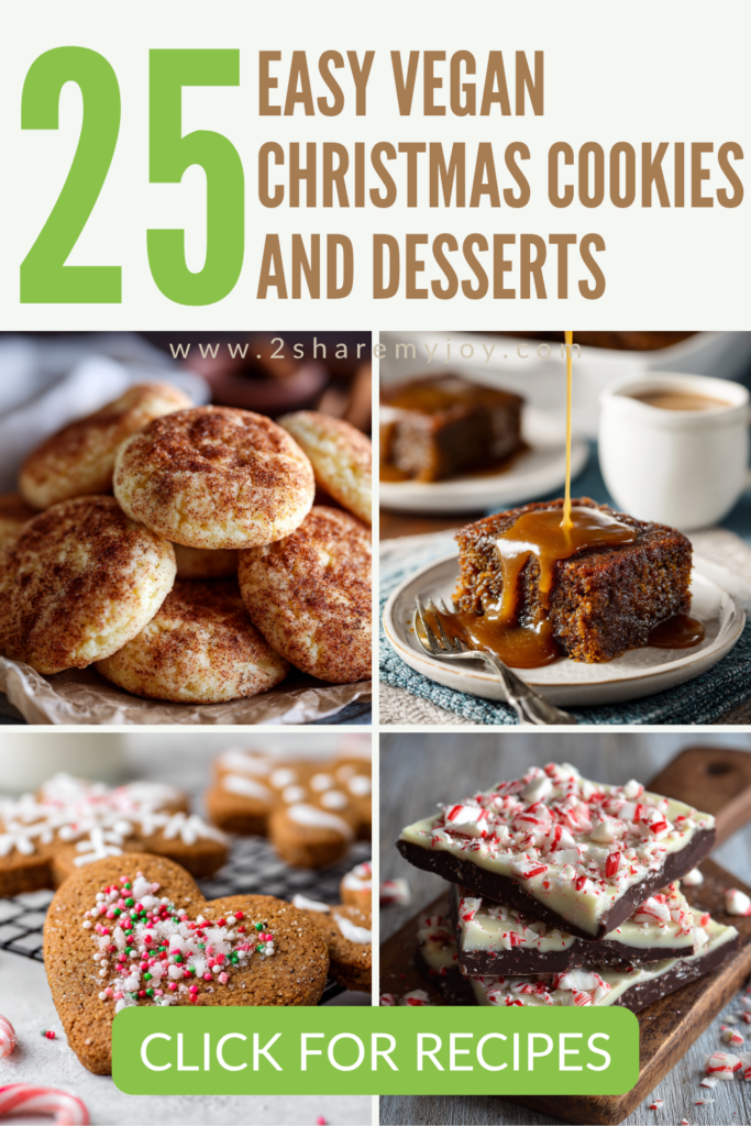 From chewy molasses cookies to rich chocolate yule log, this collection of 25 vegan Christmas desserts has something for everyone. These easy vegan baking recipes are simple, festive, and delicious — ideal for busy holiday seasons. Whip up a few to impress guests or gift to friends. Save this post for your Christmas baking inspo!