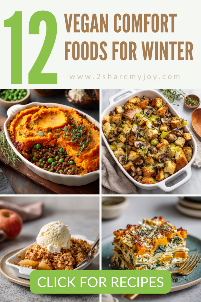 Bundle up and dig into these 12 cozy vegan comfort foods for winter! ❄️ From Sweet Potato Shepherd’s Pie and Creamy Pumpkin Risotto to Chickpea Pot Pie and Butternut Lasagna, these easy comfort food vegan recipes are hearty, flavorful, and totally dairy-free. Perfect for cold nights, meal prep, or holiday dinners — every dish feels like a warm hug! 🍲✨ Save this collection of plant-based casseroles and cozy vegan meals for your next dinner craving!