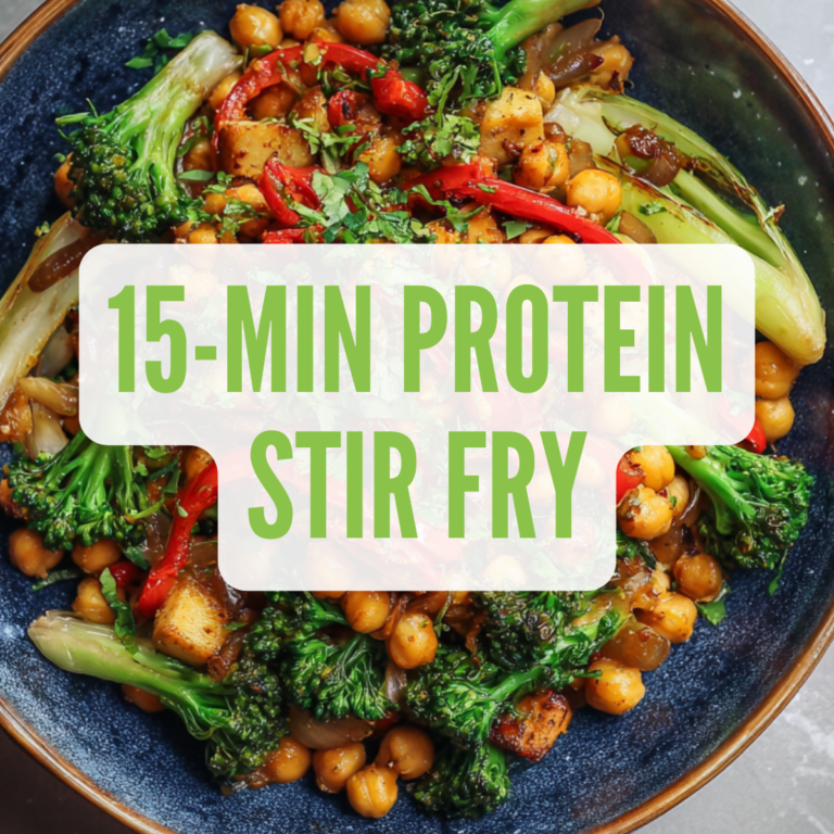 High-protein vegetable stir fry with tofu in a pan, cooked with peppers, broccoli, and a glossy soy-ginger sauce.