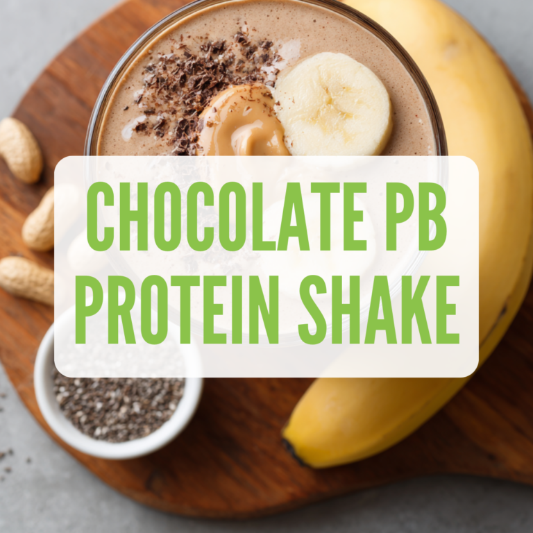 Vegan chocolate peanut butter protein shake topped with banana slices, chia seeds, and a swirl of peanut butter.