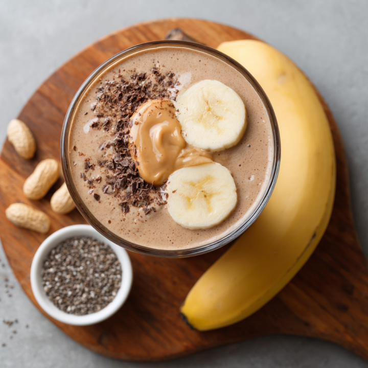 Vegan chocolate peanut butter protein shake topped with banana slices, chia seeds, and a swirl of peanut butter.
