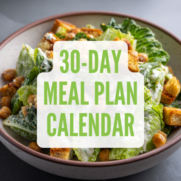 30-day vegan meal prep calendar with easy breakfasts, lunches & dinners + daily grocery lists to simplify plant-based eating.