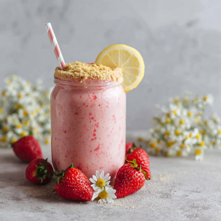 Creamy pink strawberry cheesecake smoothie with 35g protein, dairy-free and vegan
