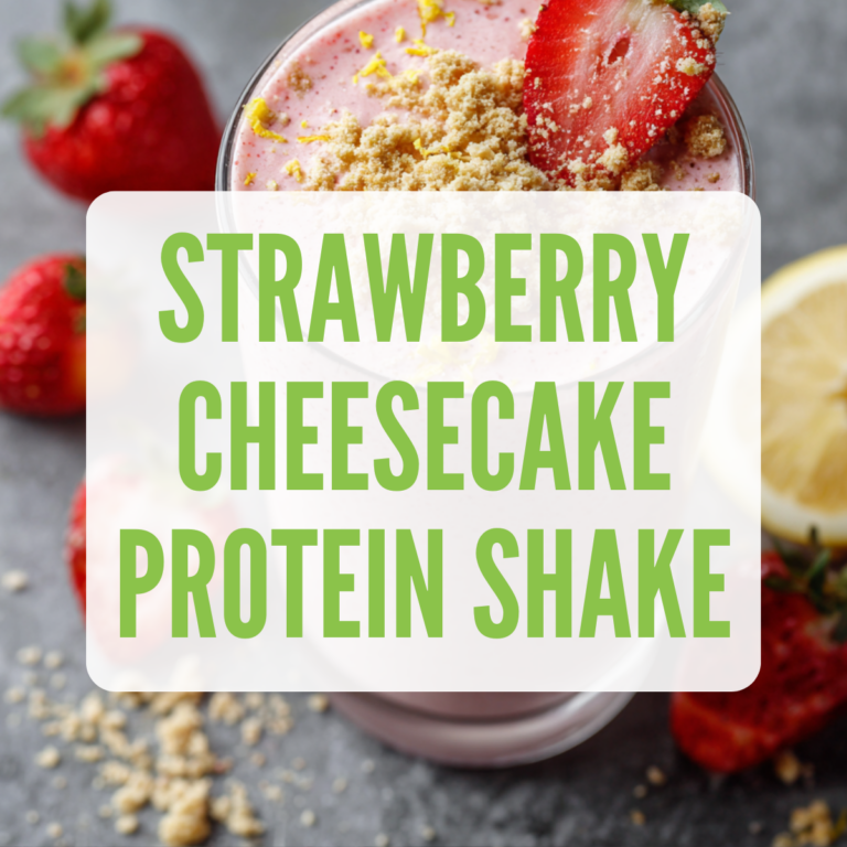 Creamy pink strawberry cheesecake smoothie with 35g protein, dairy-free and vegan