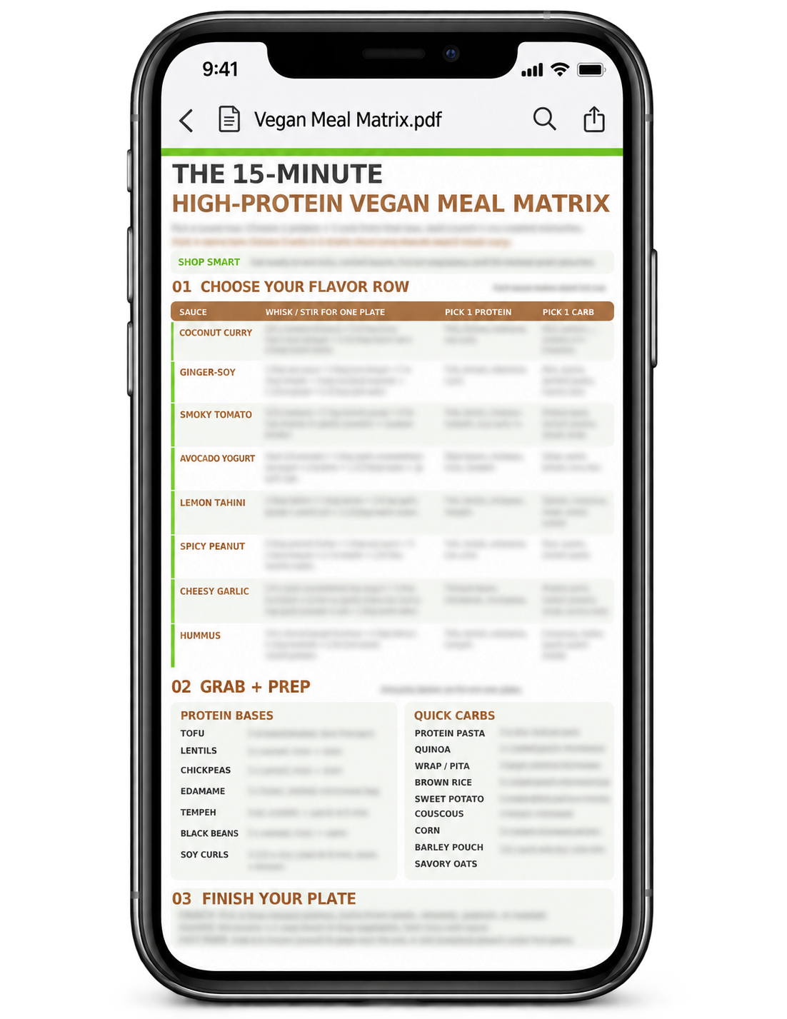 Preview of the high-protein vegan meal matrix on a phone