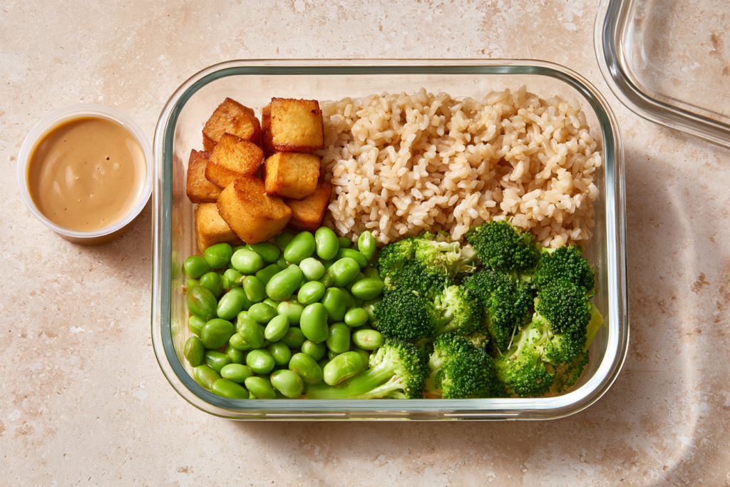 a meal prep container with tofu, edamame, rice, and broccoli. small container with sauce on the side.