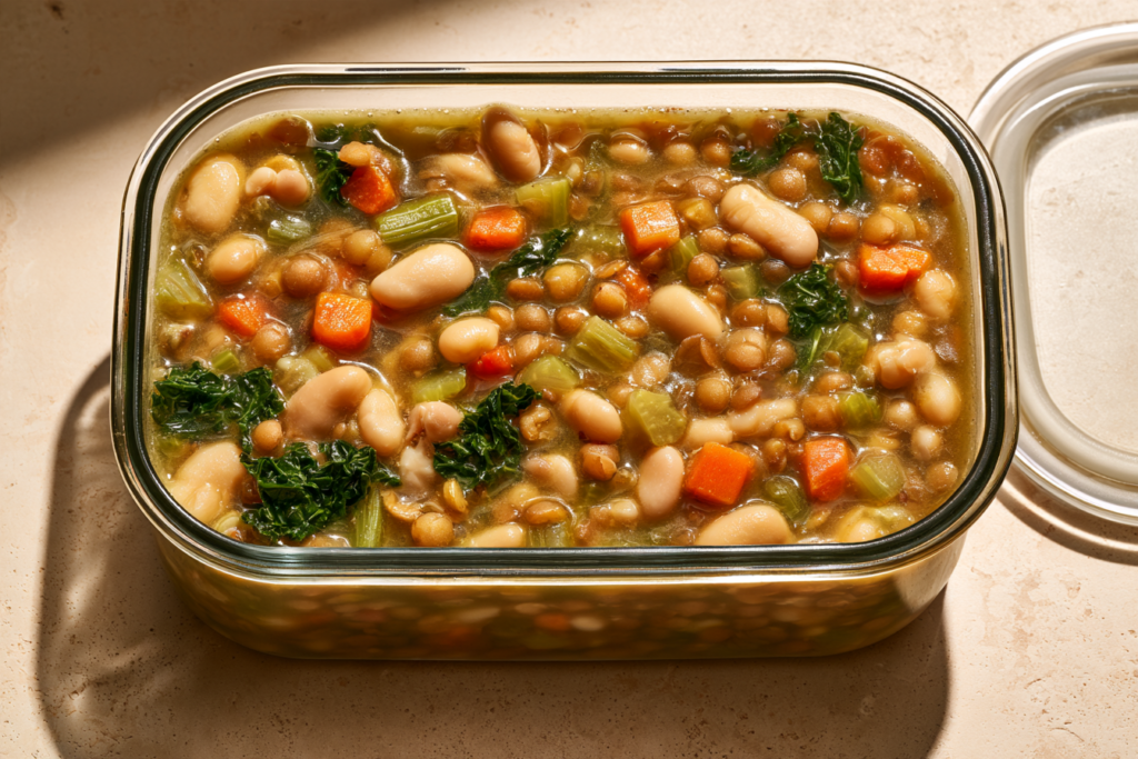 meal prep container with a high protein bean and lentil stew