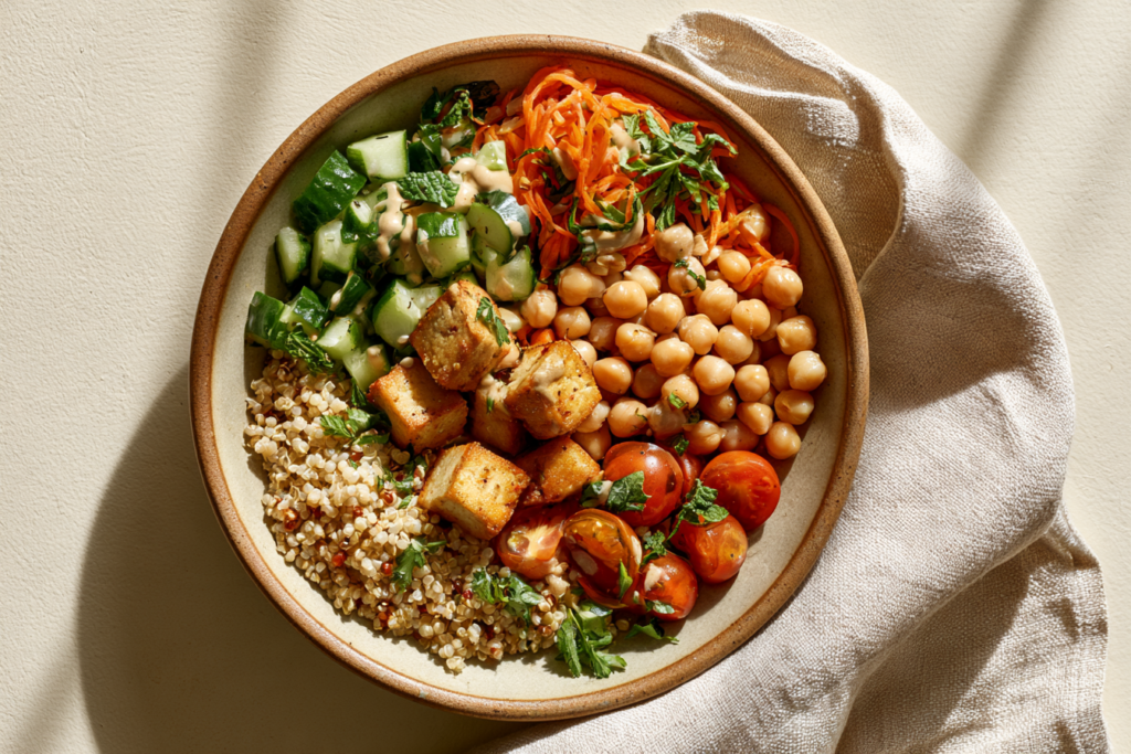 Vegan bowl with tofu, chickpeas, quinoa, and colorful vegetables
