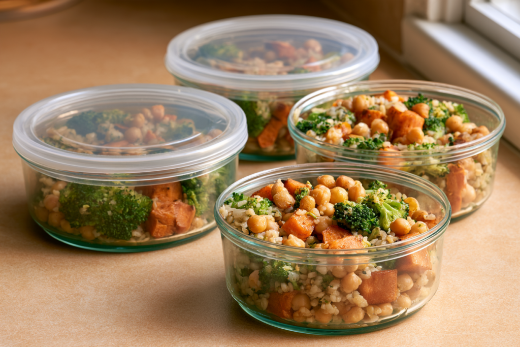 4 round meal prep containers with broccoli chickpeas and grains.