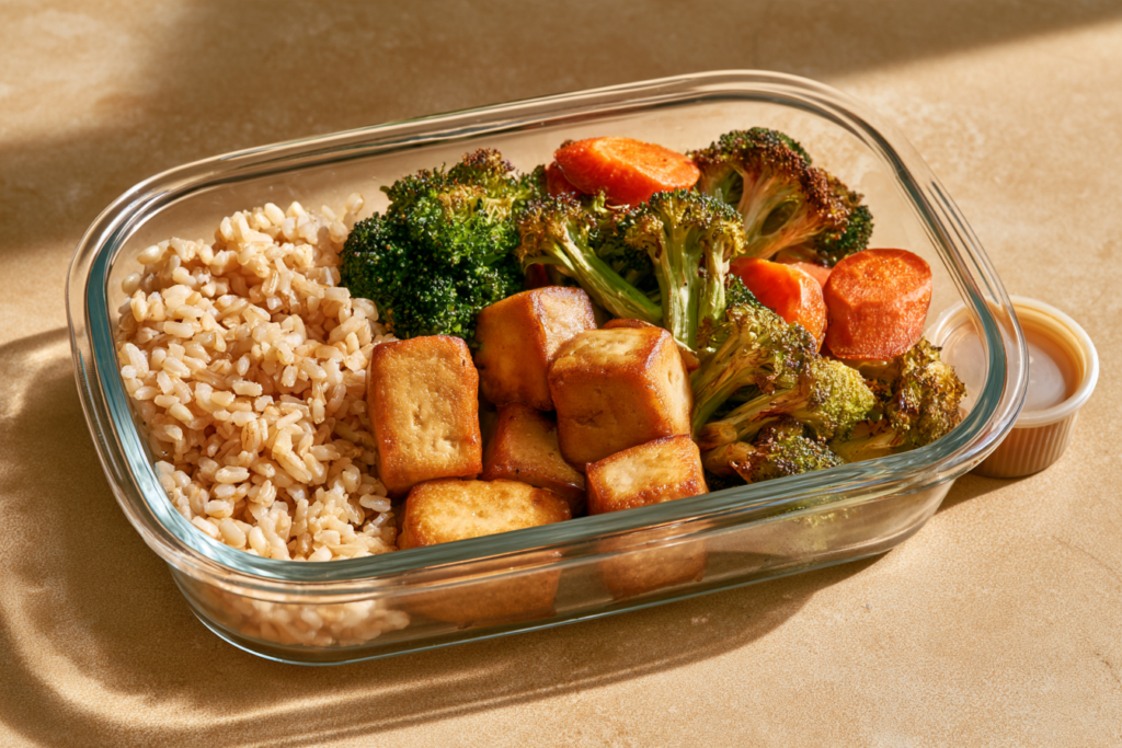 Vegan meal prep container with tofu, brown rice, roasted broccoli, and carrots.