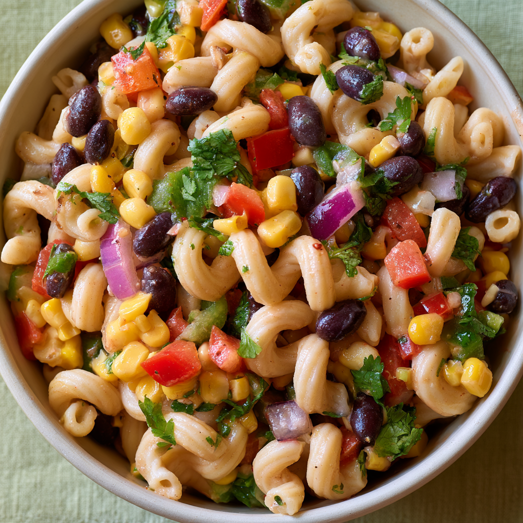 high protein pasta salad with corn and black beans in a bowl for meal prep