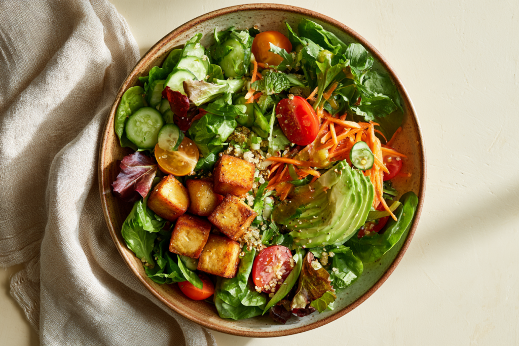 Tofu salad with leafy greens, avocado, cucumber, and tomatoes